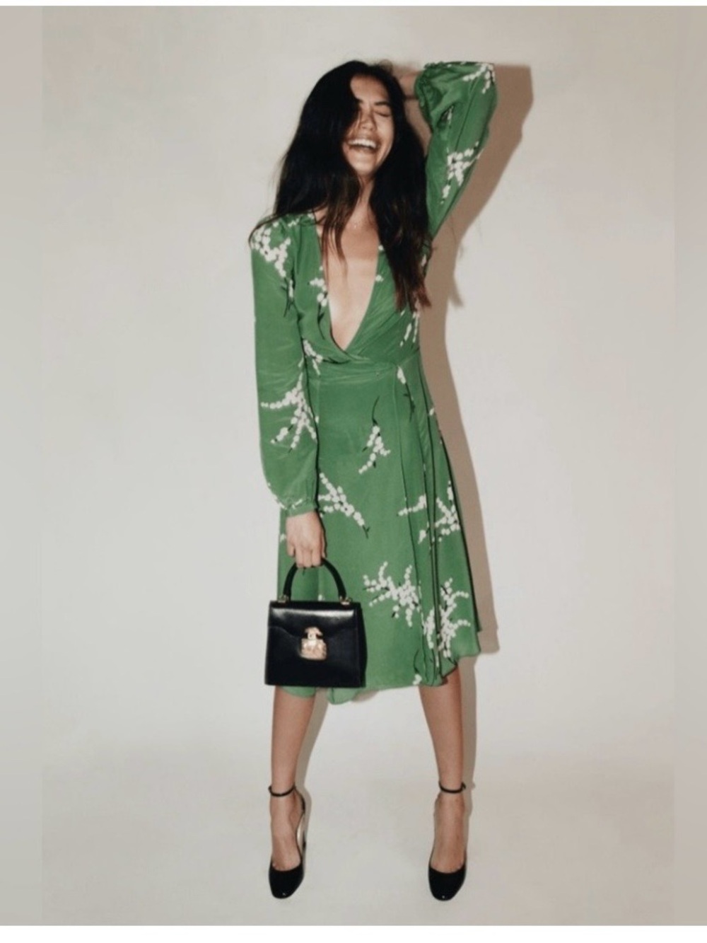 Realisation Par Green Floral Wrap Dress with Long Sleeves